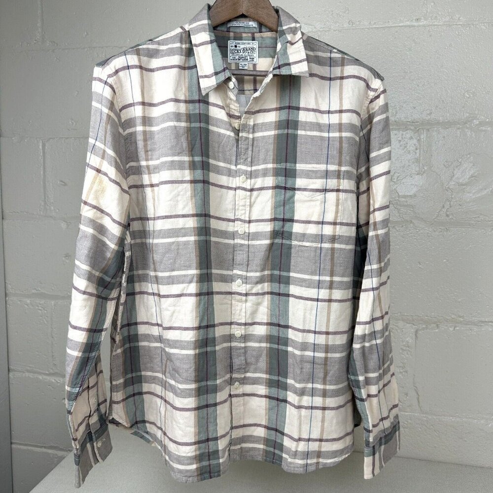 Lucky Brand Button Up Shirt Mens Size XL Classic Fit Tan Green Plaid with Lining